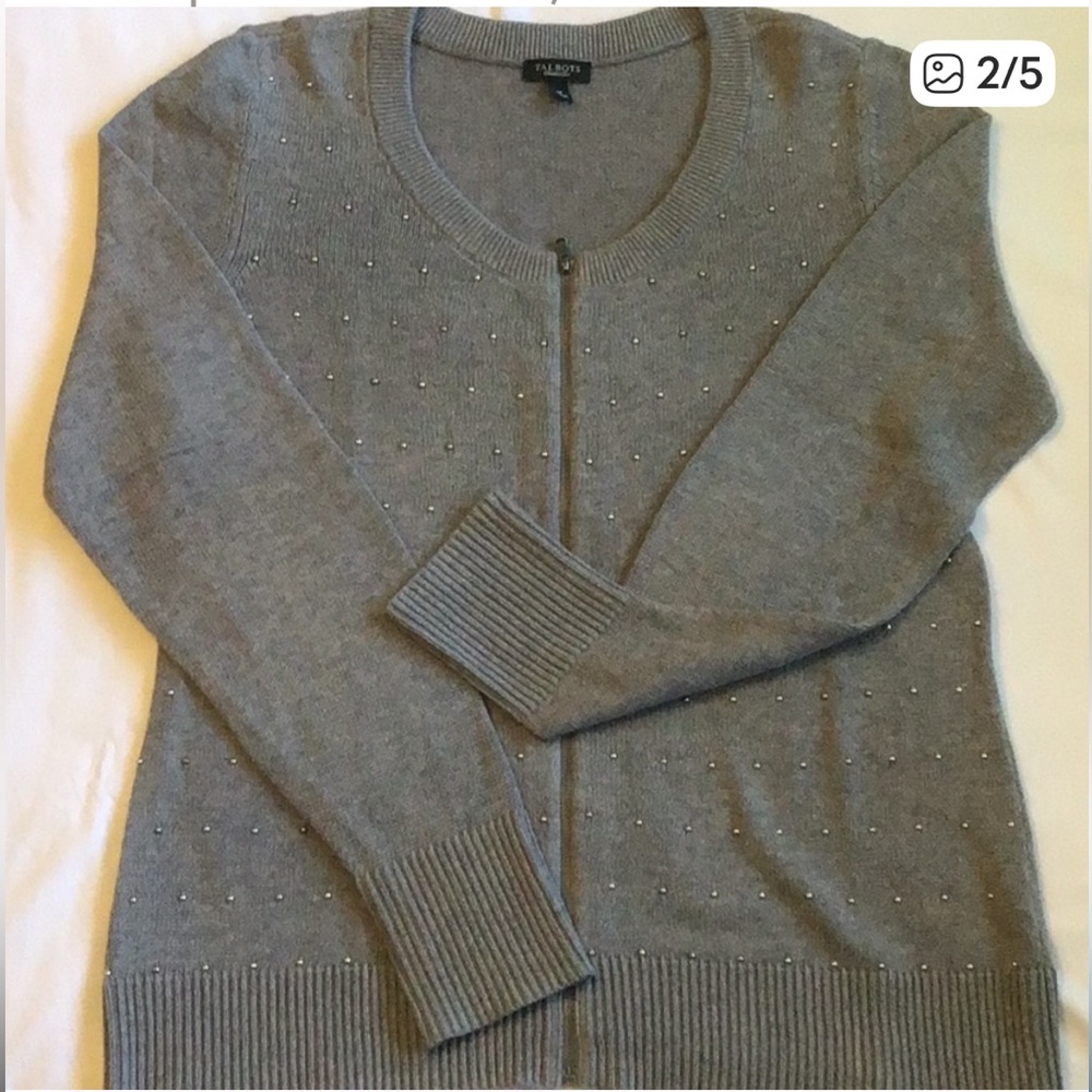 Talbots Light Gray Beaded Zip-up Cardigan Size 1X